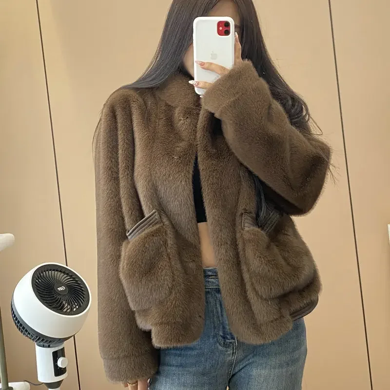 Luxury High-end Faux Mink Fur Jacket Winter Warm Chic Fur Coat Women Pocket Long Sleeve Cardigan Soft Women's Clothing Trend