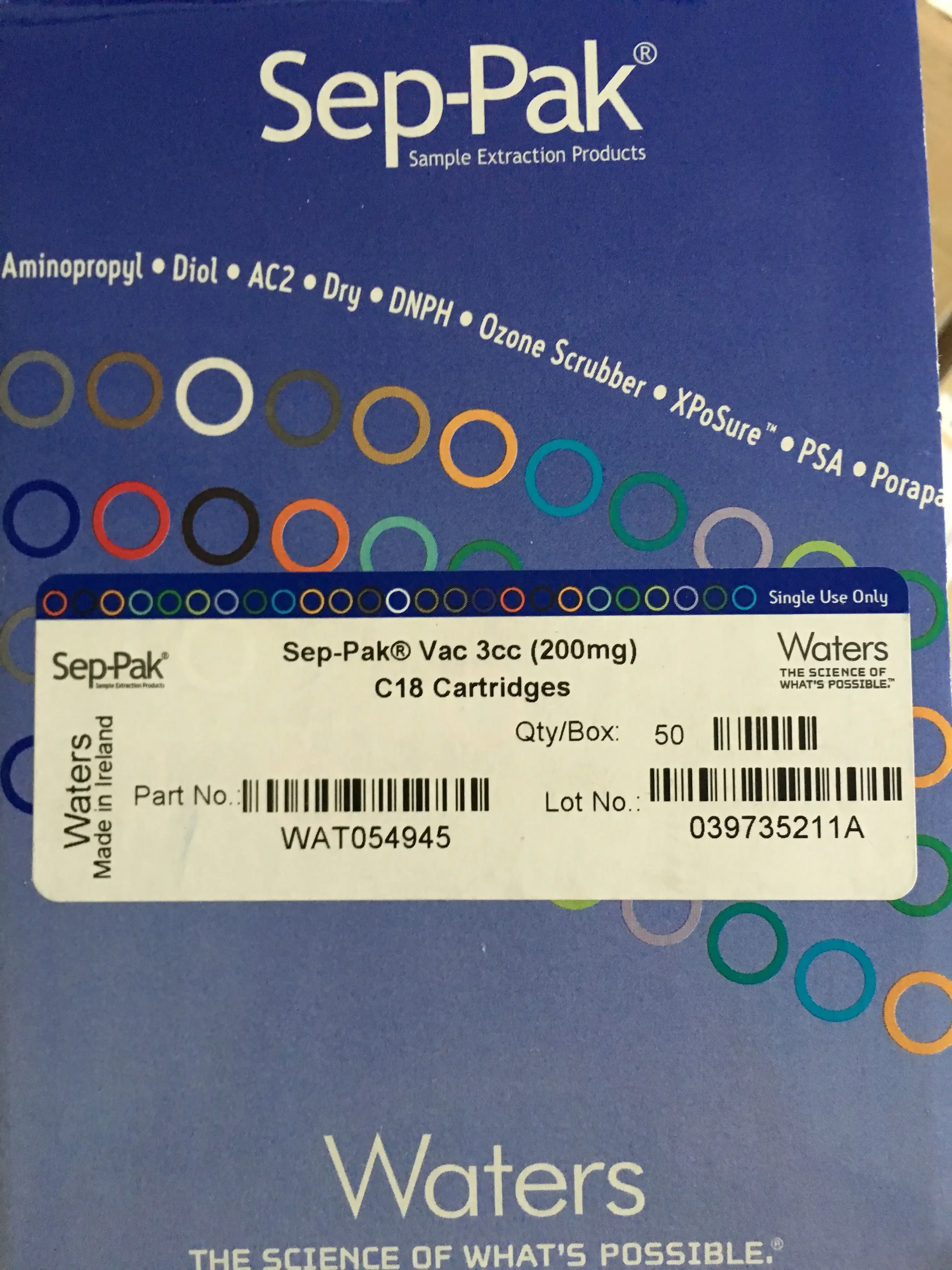 Waters Solid Phase Extraction Column WAT054525 Sep-Pak C8 6cc/500mg 30pcs/box