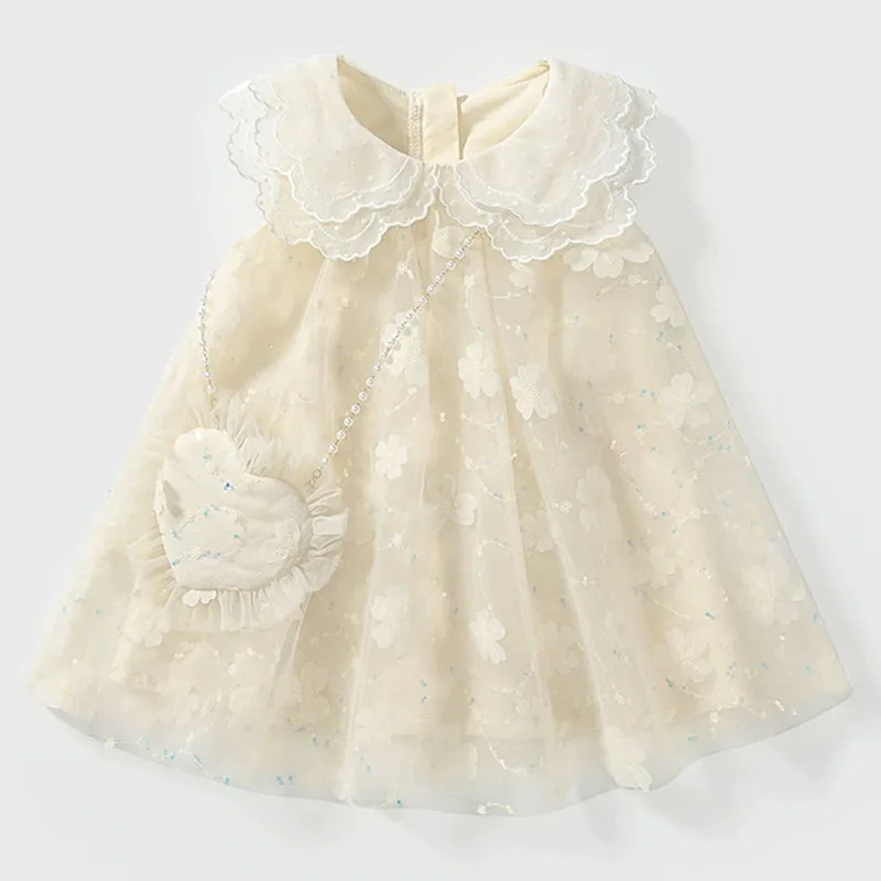 

Летние платья из 2 предметов, корейские милые платья с воротником Питер Пэн, сетчатые платья с цветочным узором без рукавов, платье принцессы на день рождения + сумка, детская одежда для девочек B386