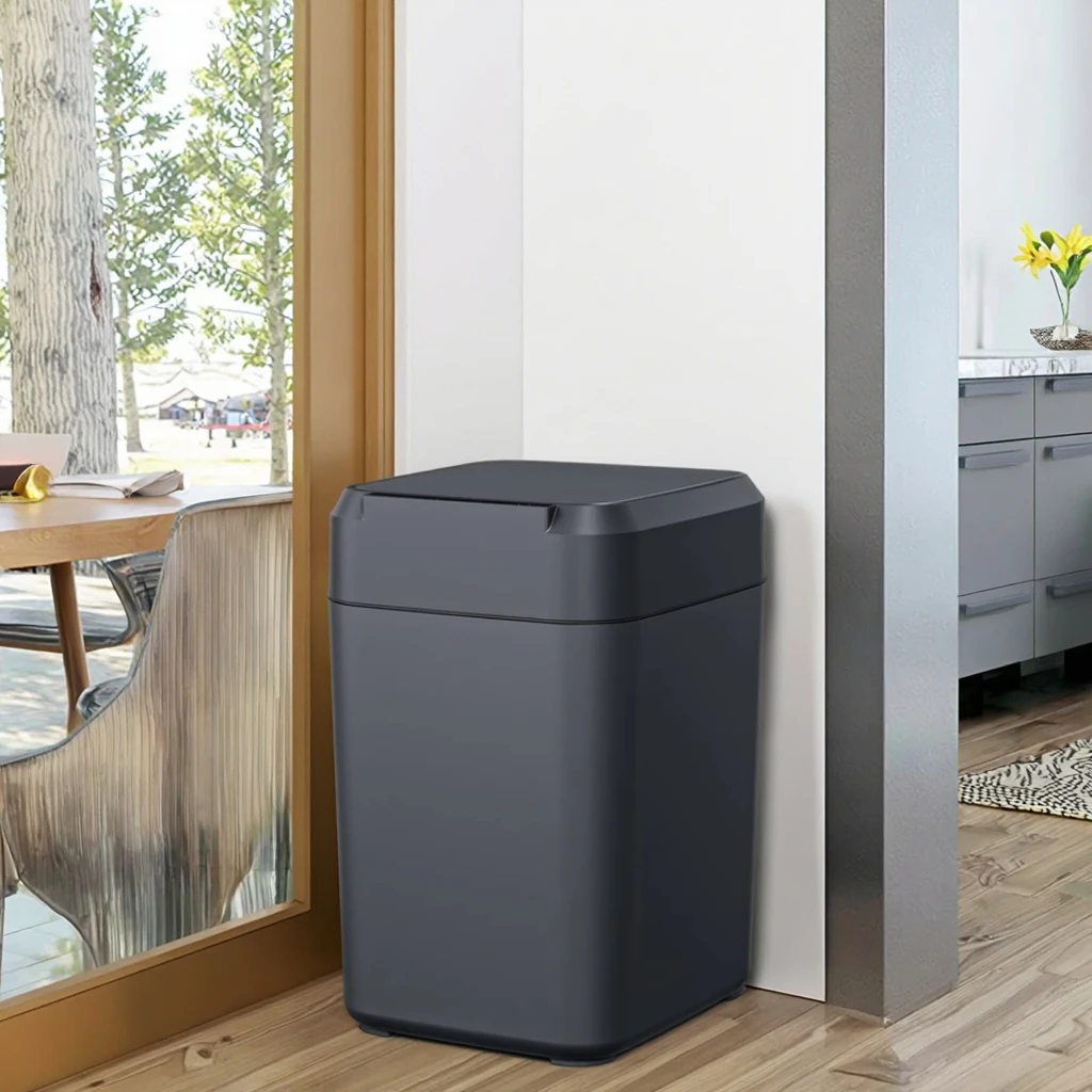 Creative 17L Black Square Trash Can Open Top Automatic Bagging Storage for Home Toilet Bathroom Dustbin Cute Black Garbage Bin