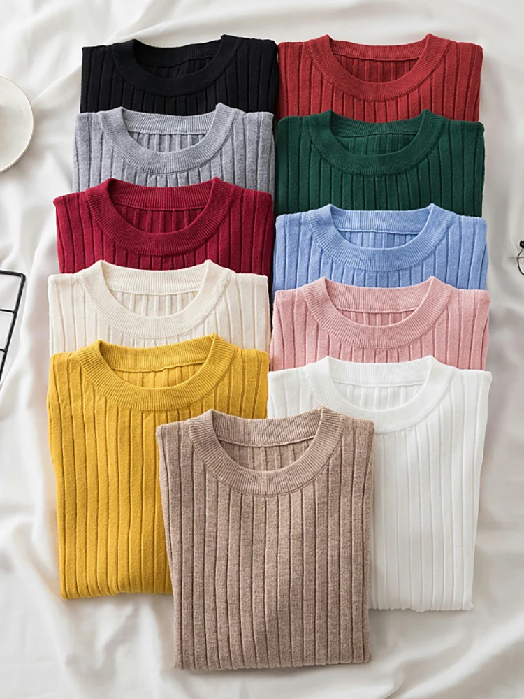 Women Pullovers Sweaters Knit Soft Jumper tops New Autumn Winter Tops O-Neck Ribbed Long Sleeve Korean Slim-fit Female Sweater