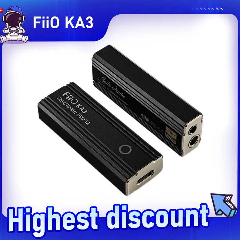 FiiO KA3 Portable USB DAC Headphone Amplifier ES9038Q2M DAC Chip 32Bit/768kHz DSD512 3.5/4.4mm Output for Android iOS Mac Window