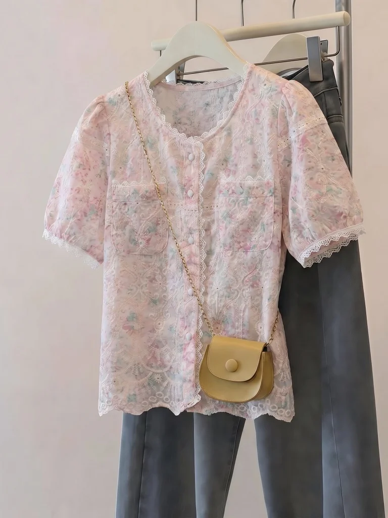 

Pink Floral Gradient Short Sleeve Shirt Women's Summer New plus Size Fashionable Top Korean Style Commute Wind Loose Fit