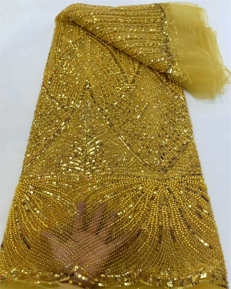 High Quality African Nigerian Net Lace Fabric With Sequins Handmade Heavy Beaded Lace Cloth Prom Dresses Beads