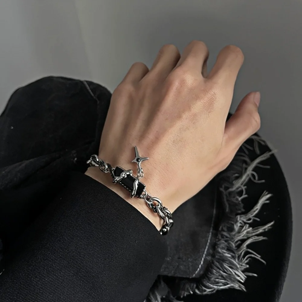 Hip-Hop Schwarzes Kristall-Armband Einfache Kubanische Kette Silberfarben Edelstahl Herren-Armband Retro-Schmuck Trendige Accessoires – Detail 1