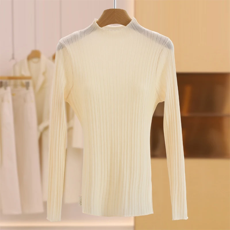 Soft Pure Color Skin-friendly Slim Fit f High Collar Sweater Base irt for Women Commute Sle Long Sve round Ne