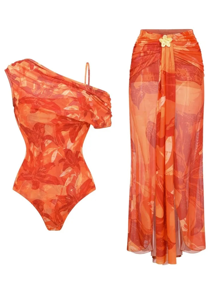Retro Bikini Printed Fashion Two Piece Swimsuit And Cover Up With Skirt Tight Women's Bandage Summer Beach Luxury Elegant