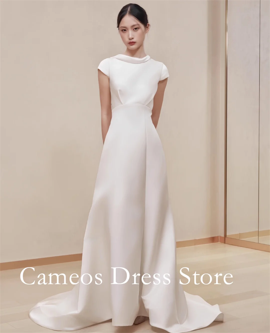SONDR Customized O-Neck Short Sleeves Bow Back Wedding Dresses A-Line Satin Sweep Train Brides Gowns Women Bridal Dresses