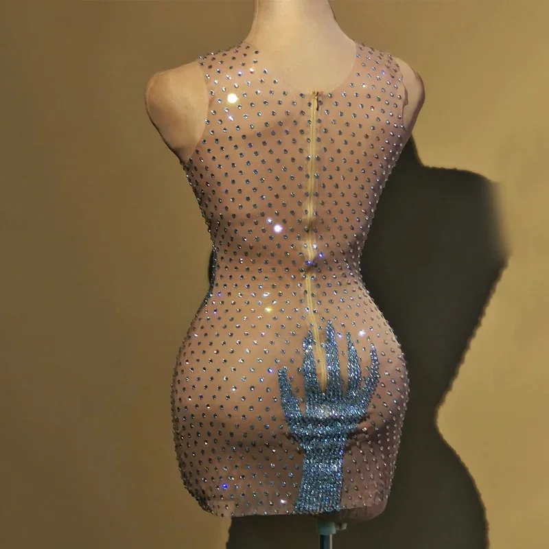 Strass brillants robe femmes robes de soirée Sexy pôle danse robe Gogo Costume Dj Ds scène Rave tenue Clubwear XS7367