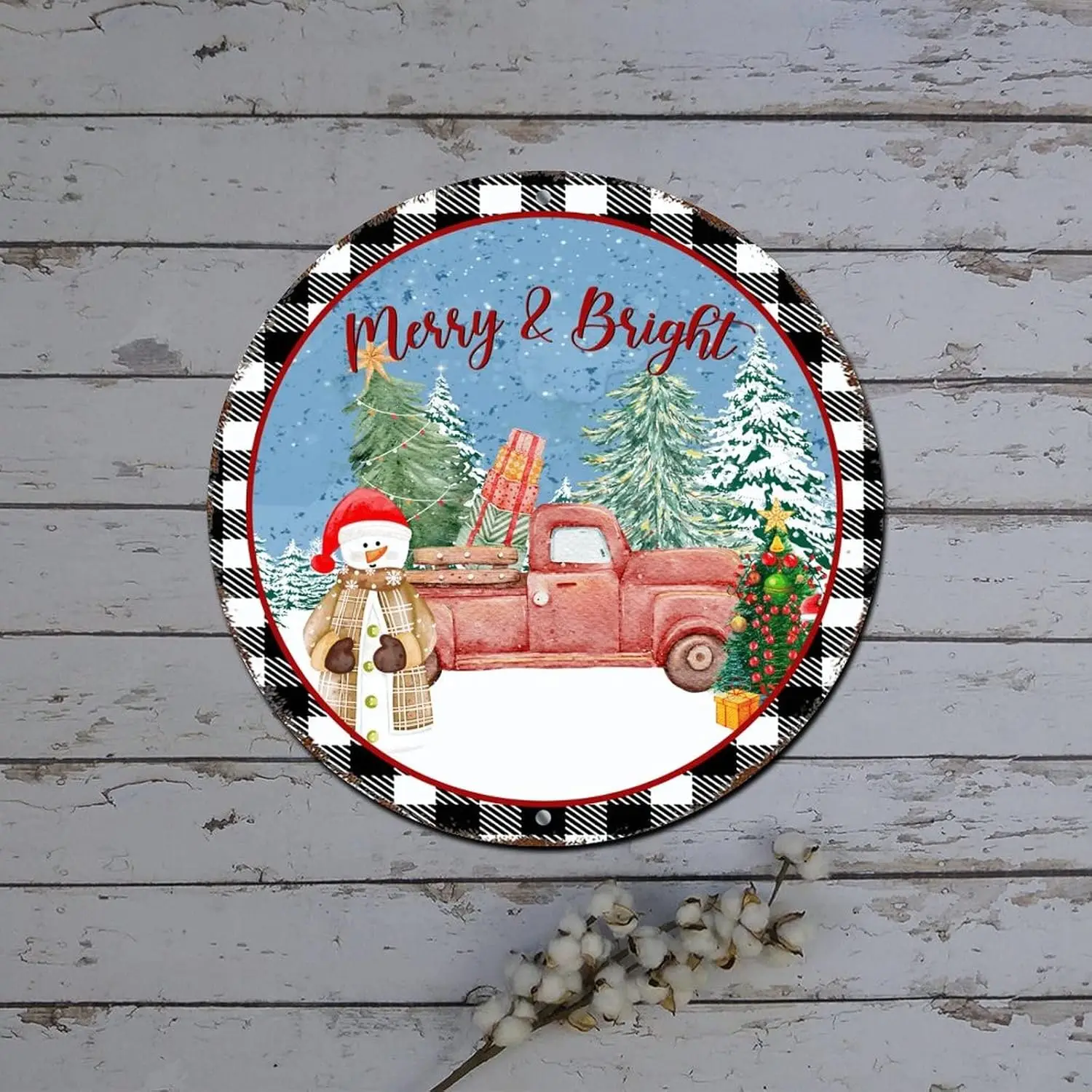 Metal Merry Christmas Sign Santa Truck Snowman Winter Scene Round Metal Tin Sign Christmas Cabinet Decorations Distressed Stylis