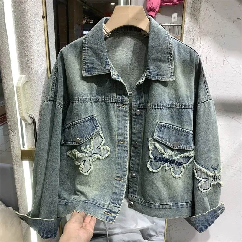 Women Denim Jacket Outwear Butterfly Edge Design Sense Tops 2025 Spring Autumn New BF Style Loose Casual Blast Street Jeans Coat