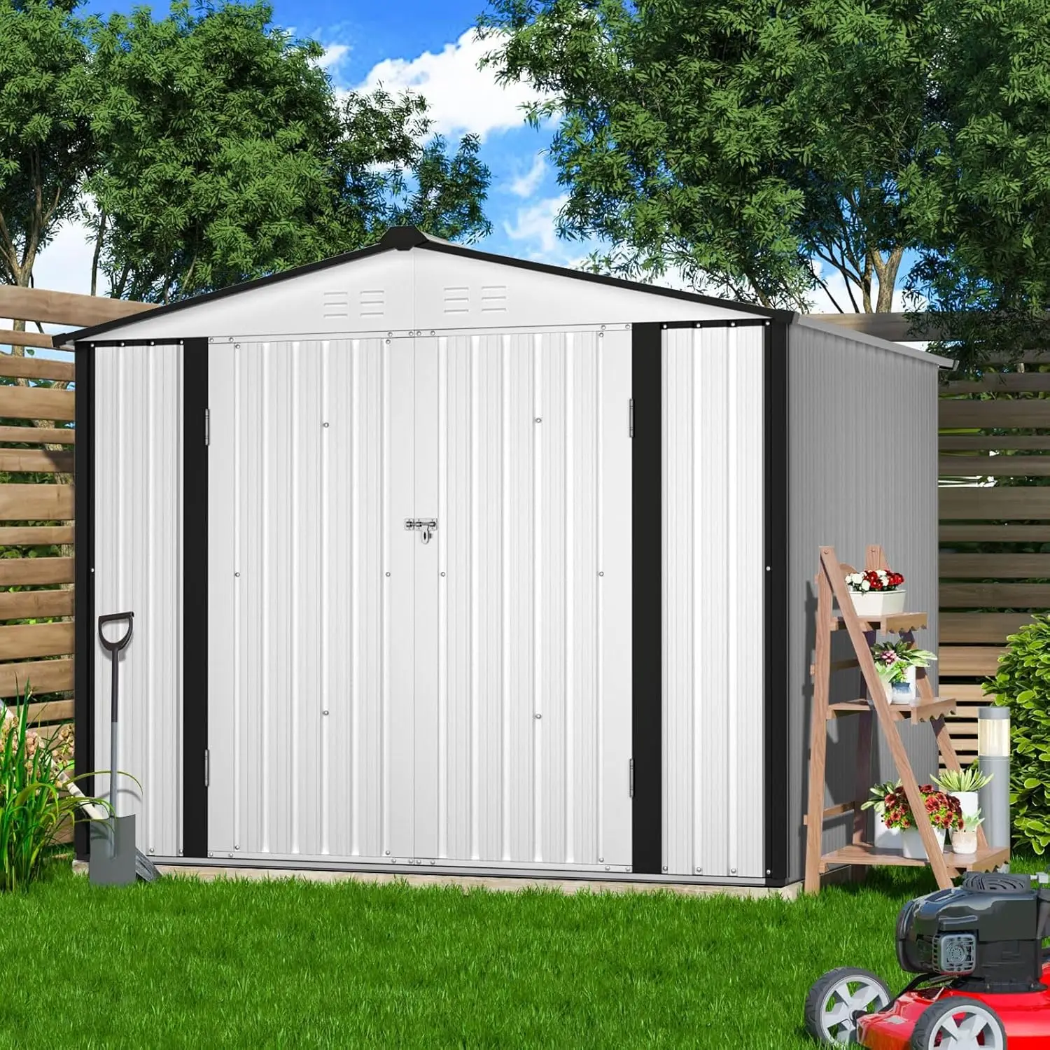 Outdoor 4 x 6 Feet Tool House with French Door Backyard Garden Storage Shed Outdoor Lawn Steel Roof Style Shed, Garden(White)