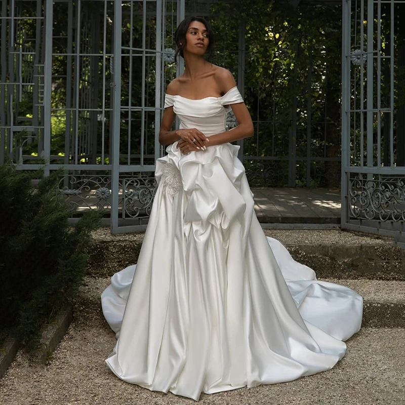 

Eightree Elegant A-Line Long Wedding Dresses Off The Shoulder Ruffled Satin Bridal Dress 2026 Wedding Ball Prom Gowns Customized