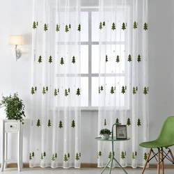 Christmas Tree Curtain for Living Room Sheer Tulle Voile Drapes Embroidered Window Screen Christmas Decoration 1PC
