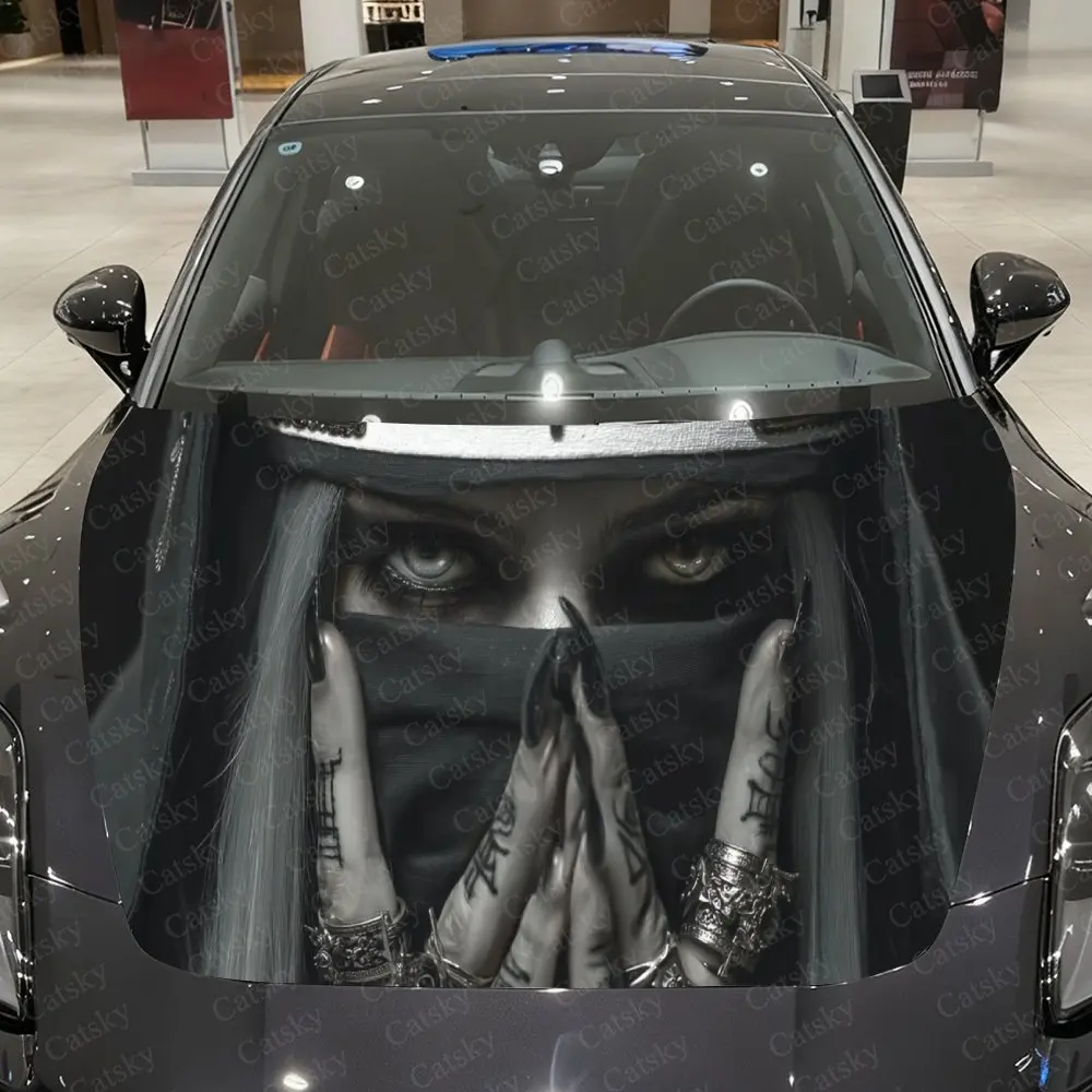 

Gothic Dark Nun Car Hood Sticker - Gothic-style Grim Reaper and Crow design, durable PVC vinyl film, waterproof and scratch-resi