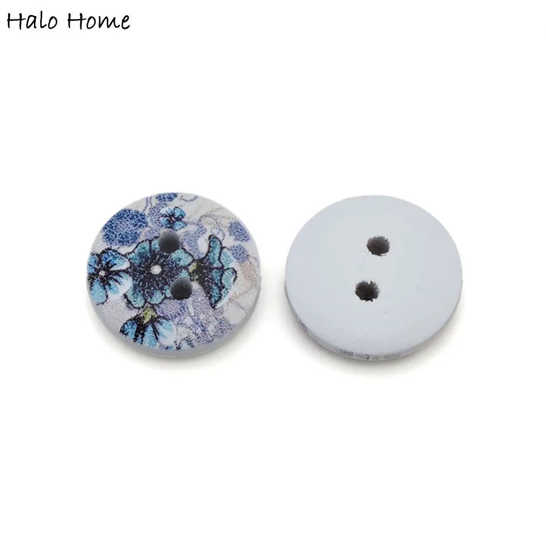 50pcs Floral Print Design Wooden Buttons, 2-Hole for DIY Sewing Crafts & Scrapbooking Decor 15mm