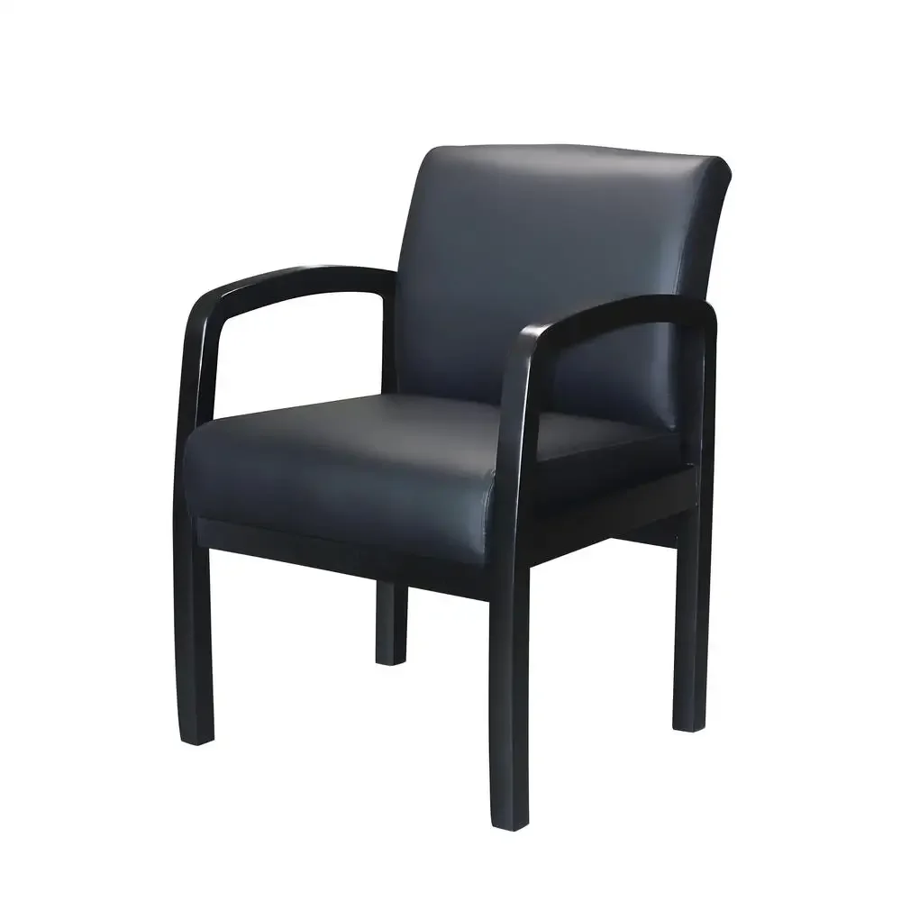 No Tools Required Guest Reception Chair Upholstered in Black LeatherPlus Elegant Design Durable Frame NTR Assembly Arms Wood