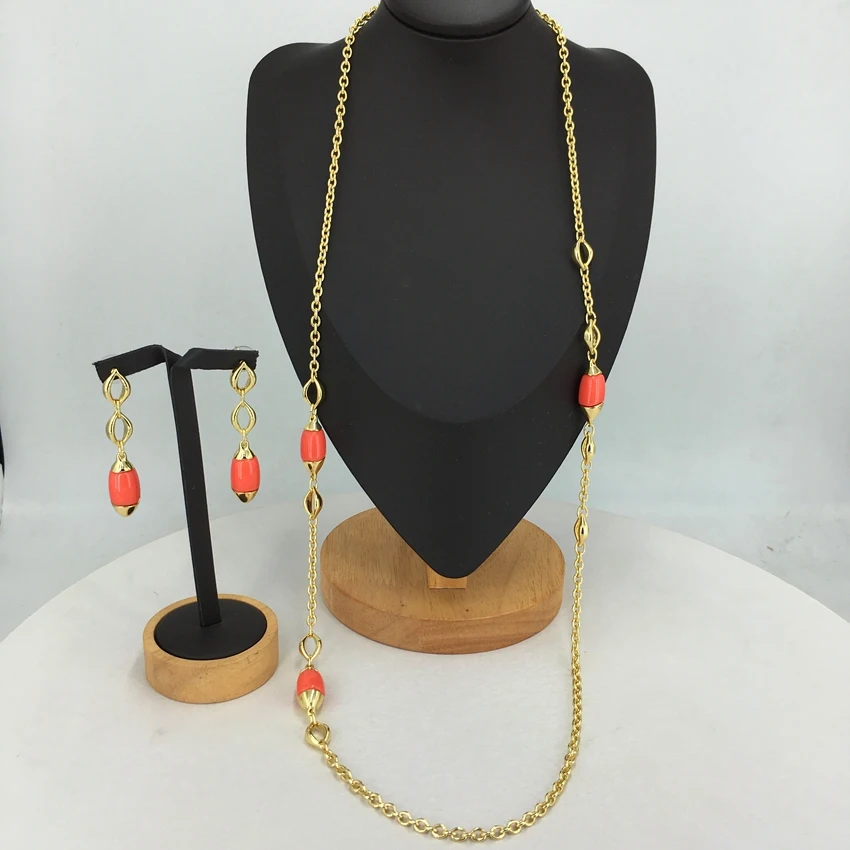 New Arrival Fashion Design Luxury Costume Dubai Gold-plated Women Jewelry Sets Long Necklace with Earrings FHK15267