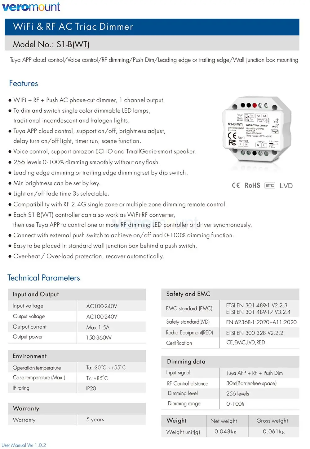 Skydance S1-B(WT) Tuya LED Dimmer Wifi Smart 2.4G RF Wireless Remote Control 220V 110VAC Triac Dimmer for Dimmable LED Bulb Lamp