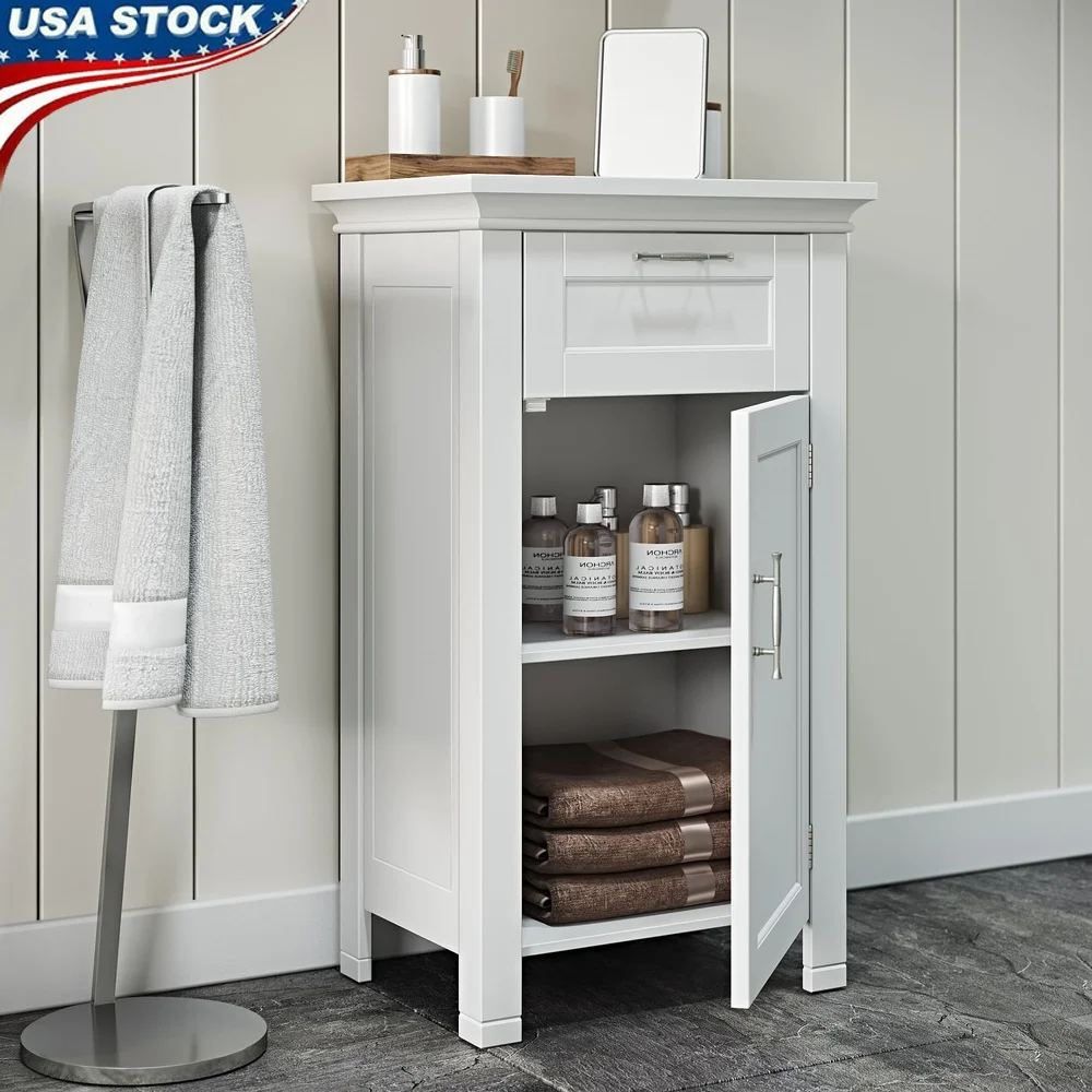 

Single Door Bathroom Storage Cabinet with Drawer Adjustable Shelf Durable MDF Organizer Toiletries Towels Laundry Use