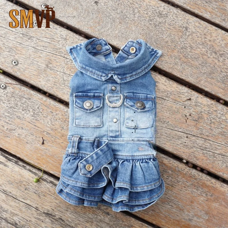 Handmade Pet Faded Denim Jumpsuit Dress Turn Down Collar Functional Pockets Metal D Ring Attachment Multi Tier Ruffle Dress