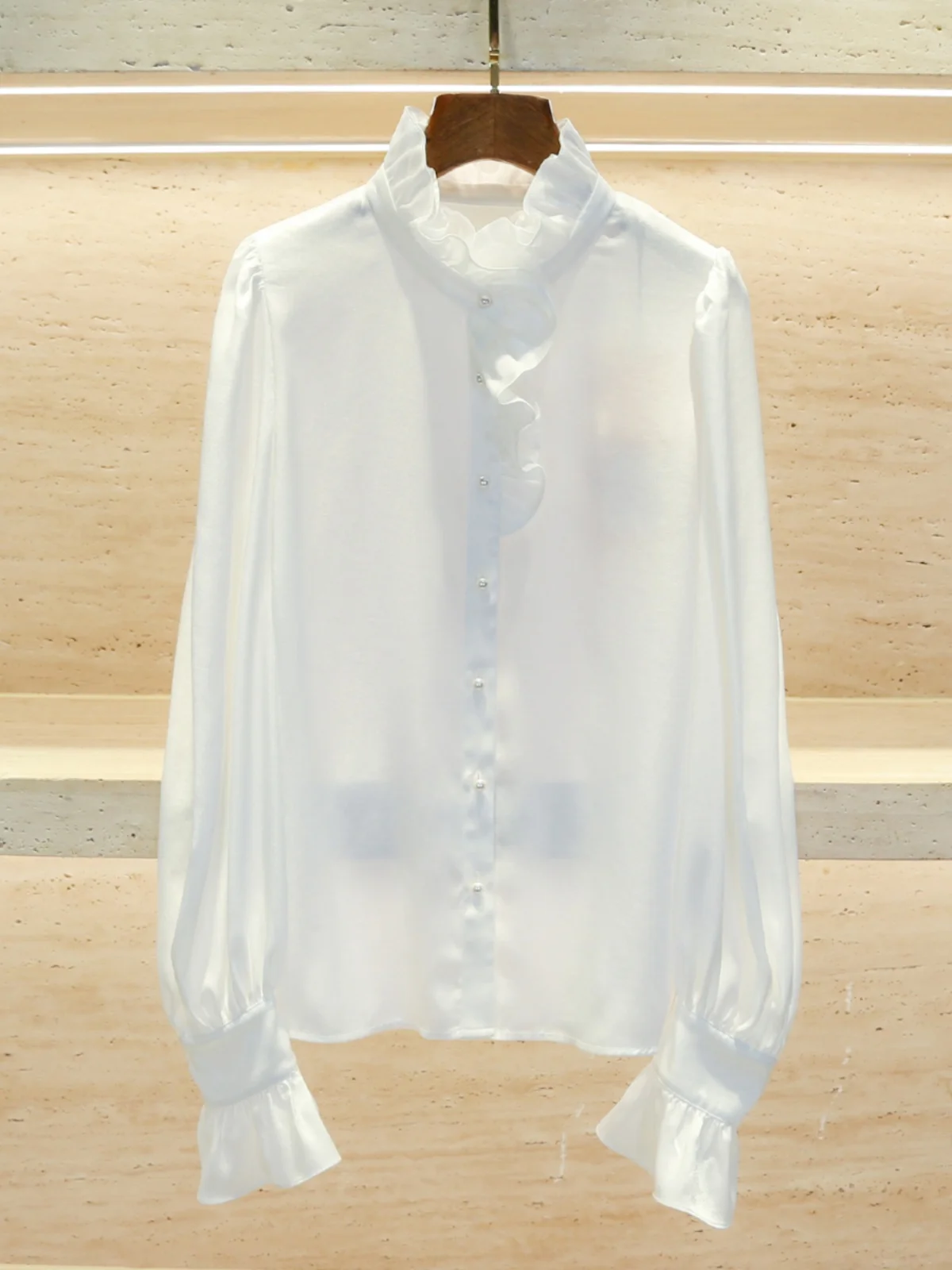 

High-End Women's Spring irt Pure Color Button-Up Stand Collar Top Single-Button Long Sve Straight Cut Commute Sle
