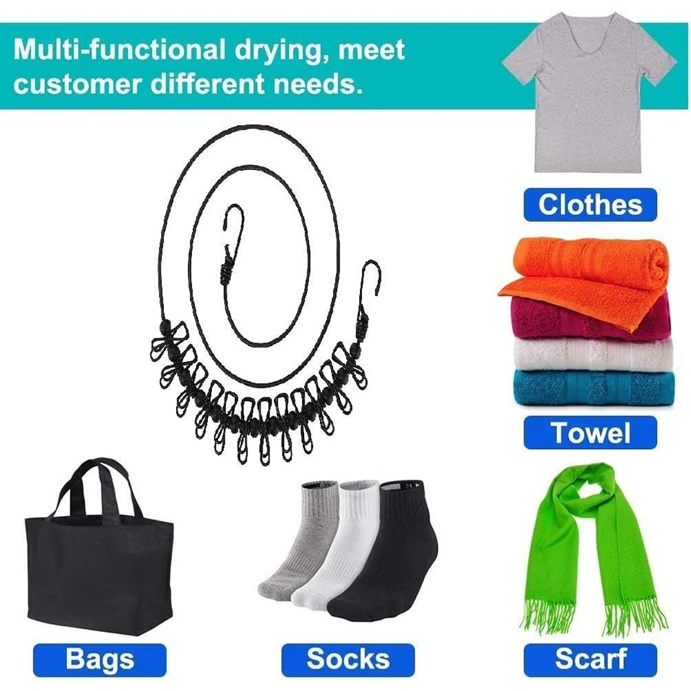 Portable Clothesline with 12 Clothespins Travel Clothes Drying Rack Rope Windproof Laundry Clothes Line for Backyard Camping