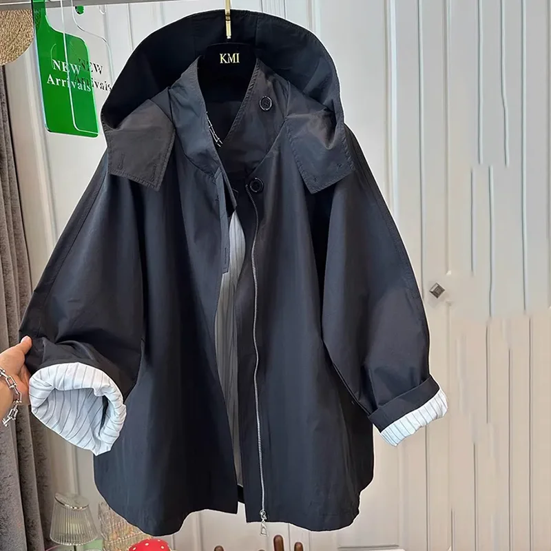 Solid Color Hooded Design Casual Assault Jacket Women 2026 Autumn New Fashionable Loose And Versatile Mid Length Windbreaker