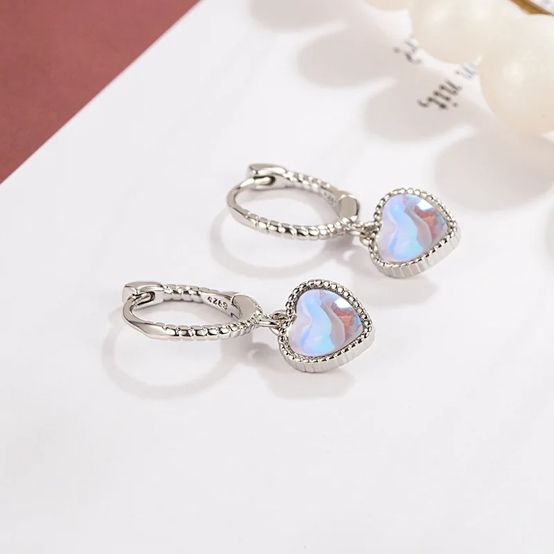 ZHFANGIYE Korean Style Heart Shape Moon Stone Earrings 925 Silver Jewelry Accessories for Women Wedding Engagement Party Bridal