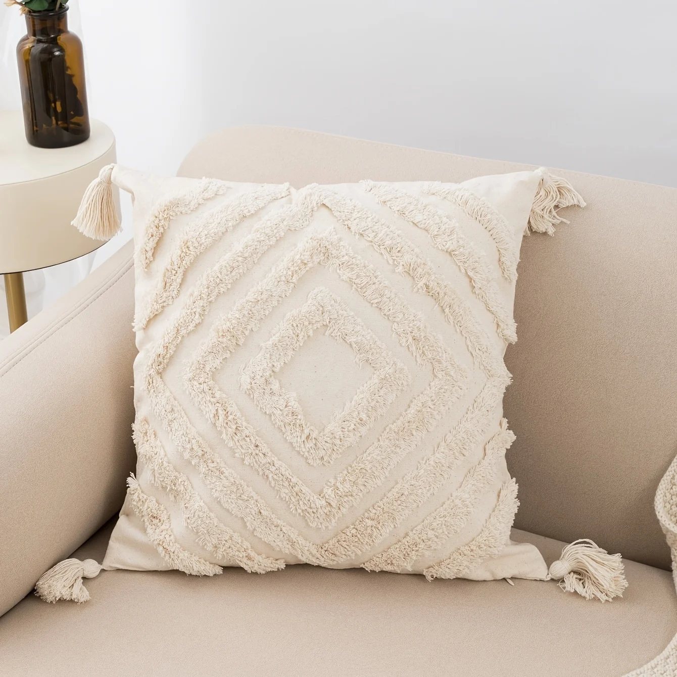 1pc Beige Bohemian Strip Pillow Modern Simple Cushion Cover Tufting Technology Living Room Sofa Bedroom Bedside Pillow Cover