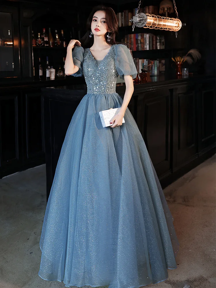 

Sparkly Dusty Blue Tulle Long Prom Dresses Plus Size A Line Beading Sequined V Neck Glitter Evening Gowns Formal Dress