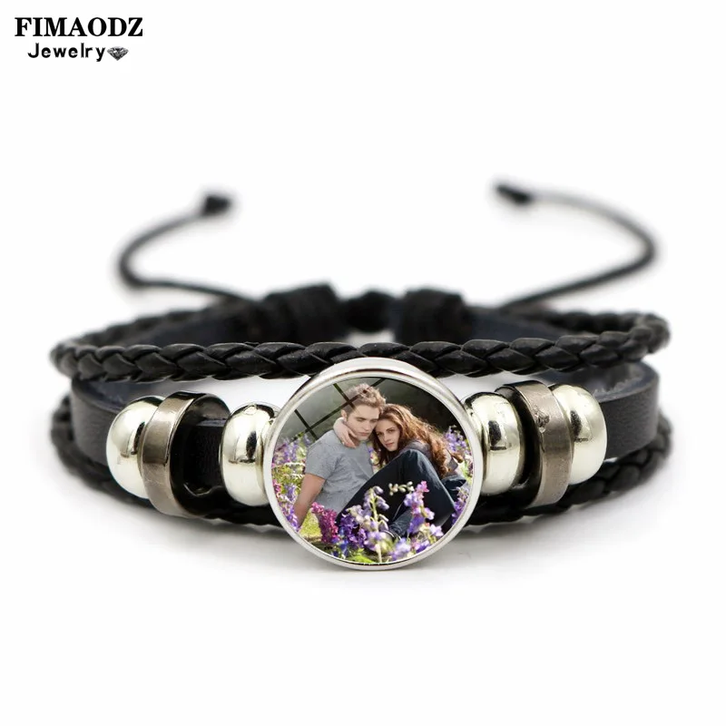 Movie Twilight Bracelet for Couple Bella Edward Cosplay Figure Poster Glass Button Handmade Leather Bracelets Men Bangle