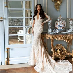 Customized Sexy Tulle Mermaid Wedding Dresses Beading Appliques Button Long Sleeves Vestido De Novia Exquisite V-Neck Bridal Gow