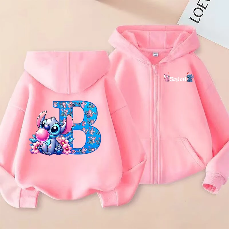 Stitch disney criança zíper hoodies letras dos desenhos animados meninas ao ar livre moletom inverno manga longa harajuku pulôver casual com capuz