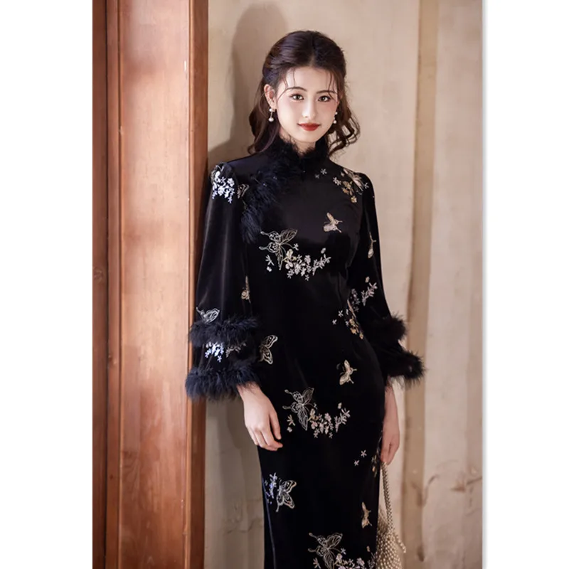 

Yourqipao Long Sleeve Chinese Thicken Velvet Embroidered Cheongsam 2025 Winter New Long-sleeved Qipao Hanfu Skirt