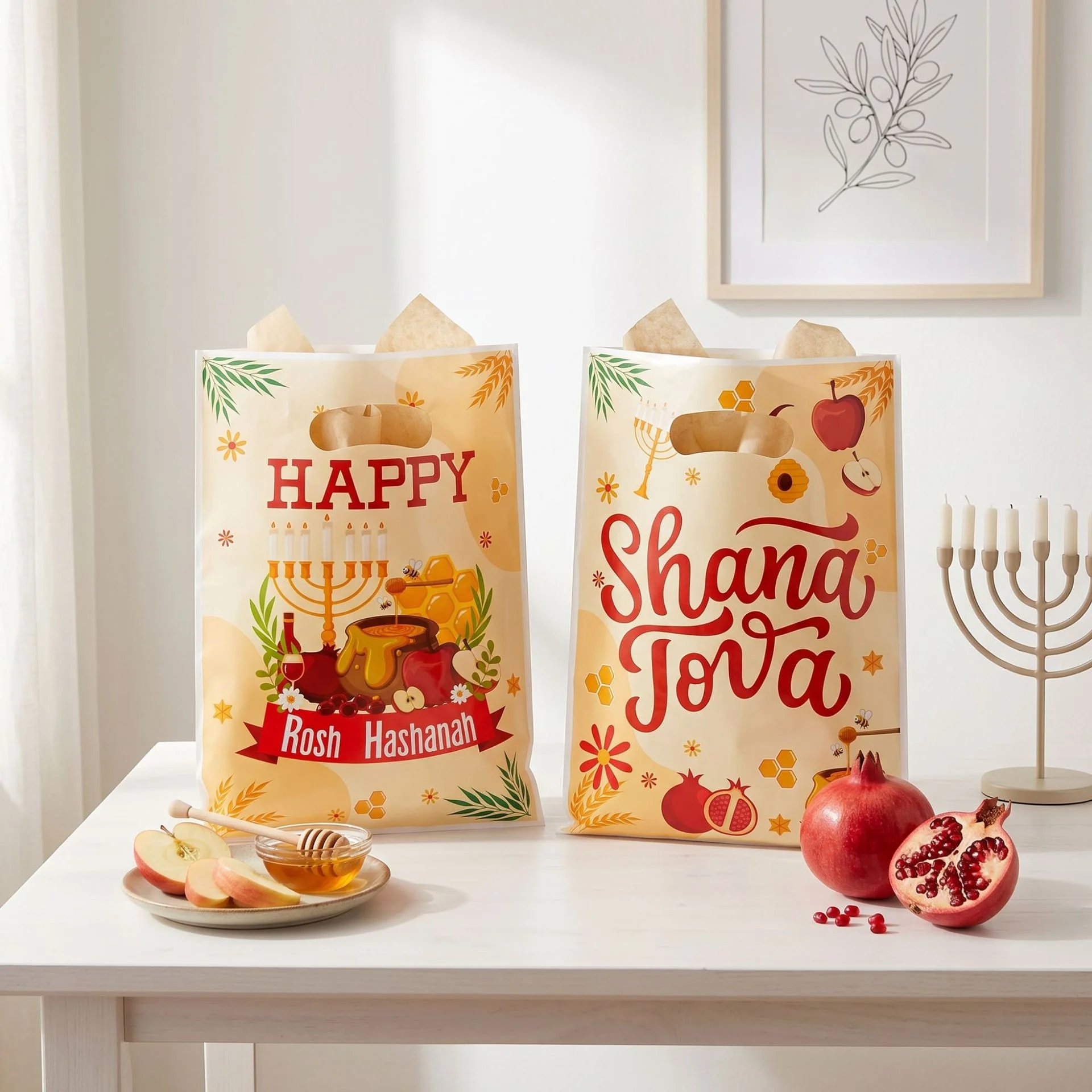 Bolsas de Regalo para Rosh Hashanah y Sukkot 2026, Bolsas de Regalo para el Año Nuevo Judío, Bolsas de Regalo con Manzana y Miel para la Menorá, Bolsas de Regalo para las Festividades Judías