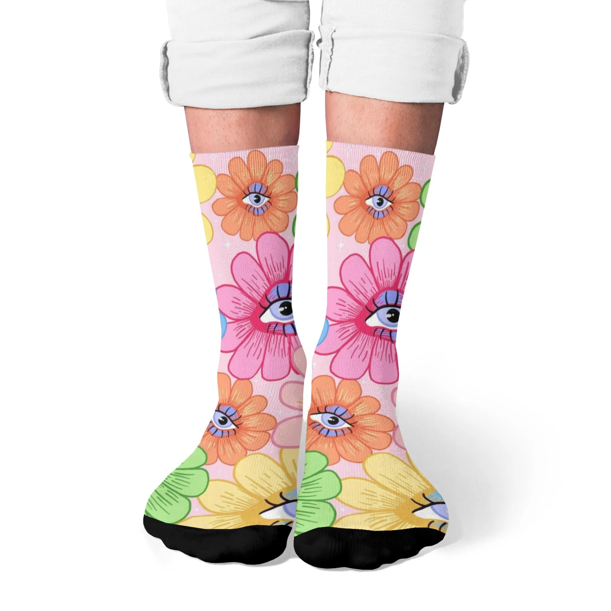 

Whimsical Floral Themed Crew Socks, Novelty Fashion - Forward Adults, Vivid & Fun Eye Prints, Unmatched All - Day Comfort