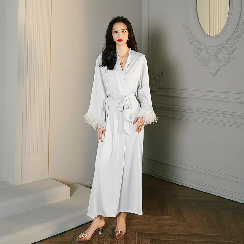 Female 4PCS Pajamas Set Luxurious Bride Wdding Robe with Feather Long Bathrobe Gown Spring Summer Loose Satin Nightgown Homewear