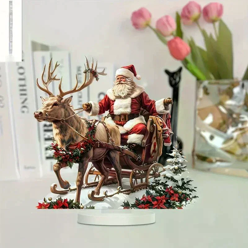 Christmas Xmas Tree Desktop Ornament Santa Claus Reindeer Sled Tabletop Decoration With Base 2D Acrylic Navidad Party Supplies