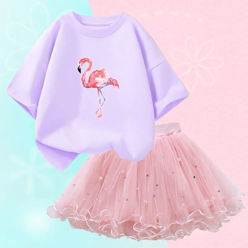 2024 Fashion Girls Summer Clothes Set Short Sleeve Flamingo T Shirt and Tutu Skirt 2 Pcs Outfits for Kids Party Clothes