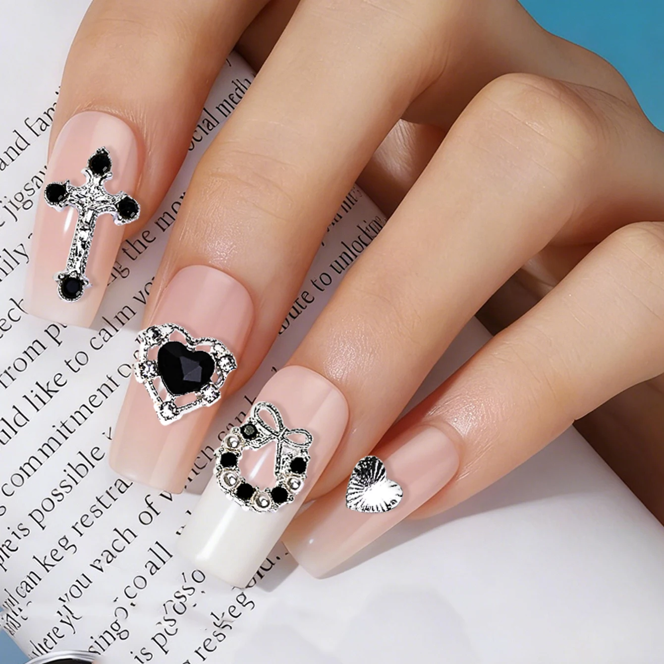 48 pieces/box, alloy black diamond silver shaped metal jewelry, charming and cute luster, bow/diamond star shaped nail jewelry,
