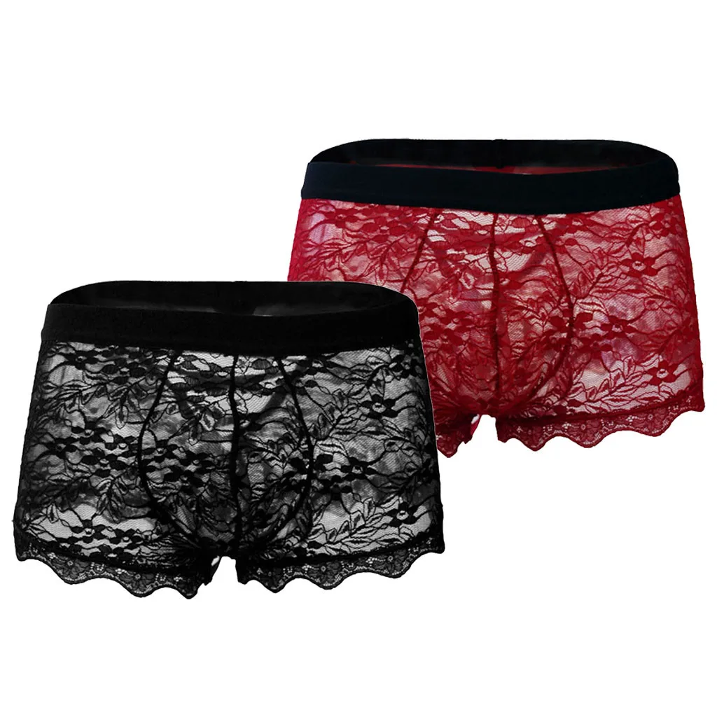 2024 Men‘s Sexy Lace Patchwork Panties Breathable Comfortable High Waist Men Underwear Solid Color See-Through Boyshorts