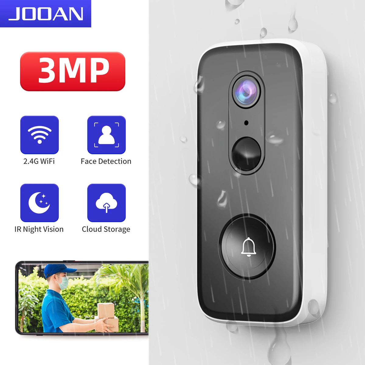 JOOAN 3MP WiFi Video Doorbell Outdoor DoorBell Camera Auto Sensing Door Eye Camera Battery PIR Motion Detector Home Security