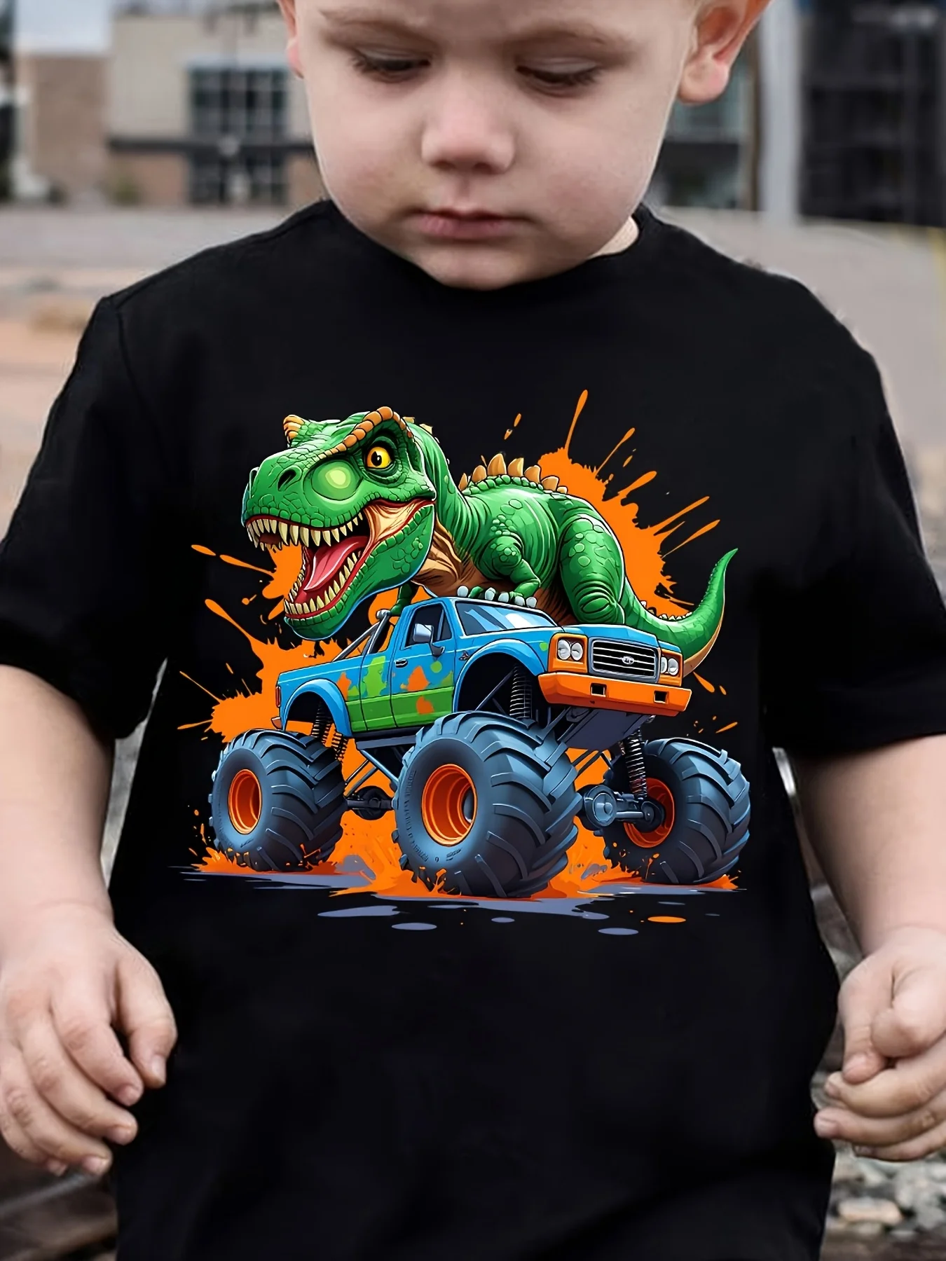 NY‑DX6121‑Boys‑Summer‑Dinosaur‑Monster‑Truck‑Cartoon‑Print‑Crew‑Neck‑Short‑Sleeve‑Casual‑Kids‑T‑Shirt