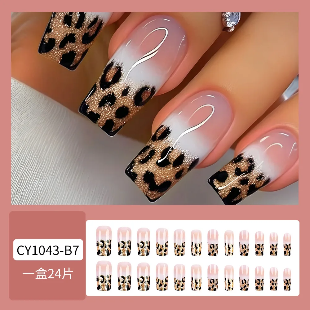 24pcs Luxe Fashion Press-On Nails Set - Long Square Glossy Finish with Leopard Print French Design - Perfect for Women and Girls