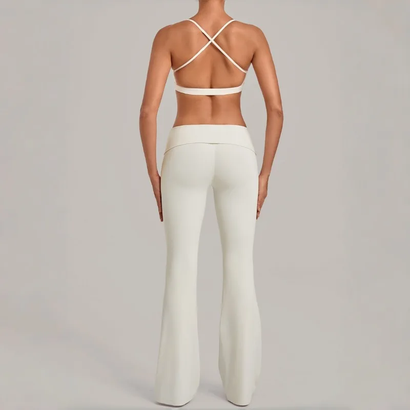 Women's Seamless Yoga Sets Sports Fitness Cross Beauty Back Bra Training Hip-Lifting Flare-Pants Suits Workout Gym Running Sets