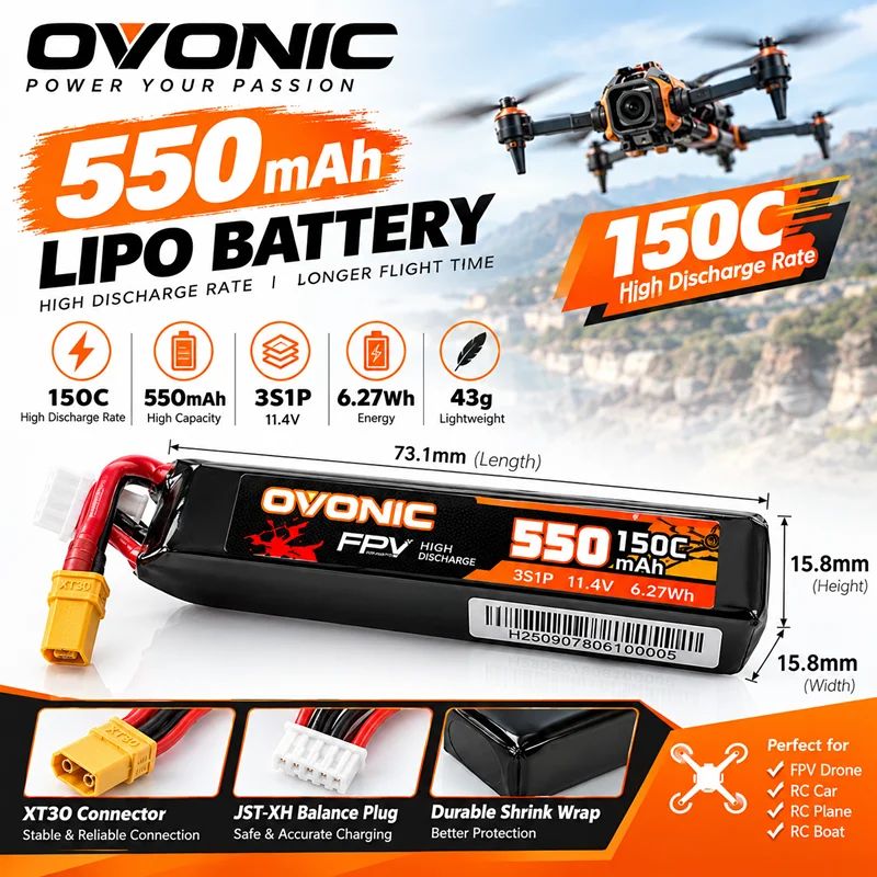 OVONIC 550mAh 150C 11.4V Lipo Battery For RC Helicopter Quadcopter FPV Racing Drone Parts 3S Battery With XT30 Plug