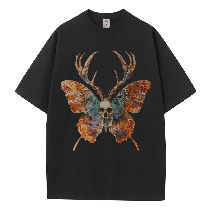 Cotton T Shirts Graphic Designer Clothes Watercolor Butterfly Skull Antlers Heavy Drop Shoulder Oversized T Shirt Breathable