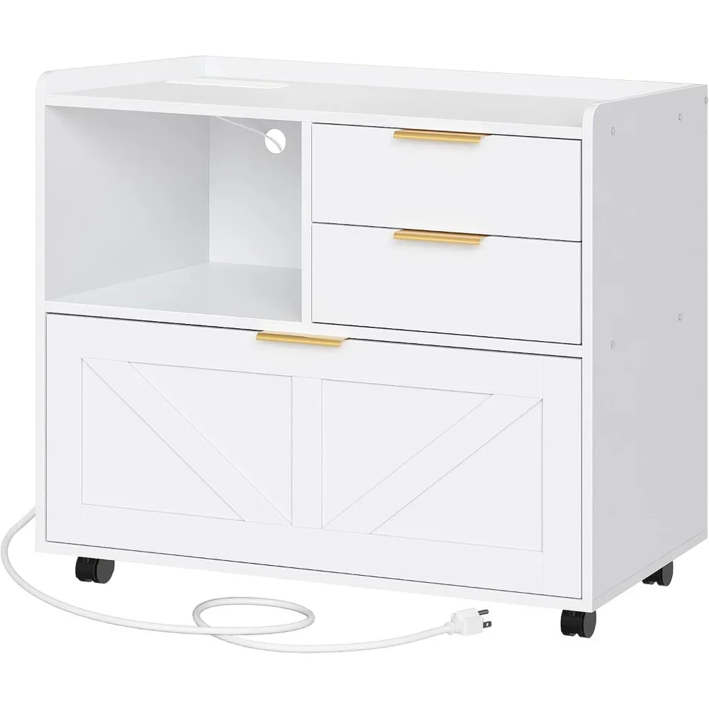 

Lateral File Cabinet with Charging Station Wooden Office Storage Drawers for A4 Letter Legal Sized Files Printer Stand with