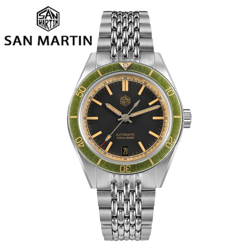 

San Martin 39.5mm Men Dive Watch Vintage Distressed Effect NH35 Automatic Mechanical Watch Waterproof 200m C3 Lume SN0116 Reloj